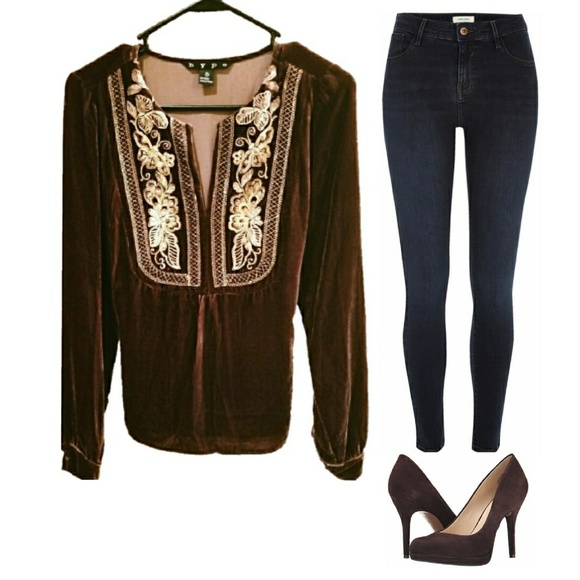 Hype Tops - Gorgeous Velvet-Like Hype Long Sleeve Brown Blouse